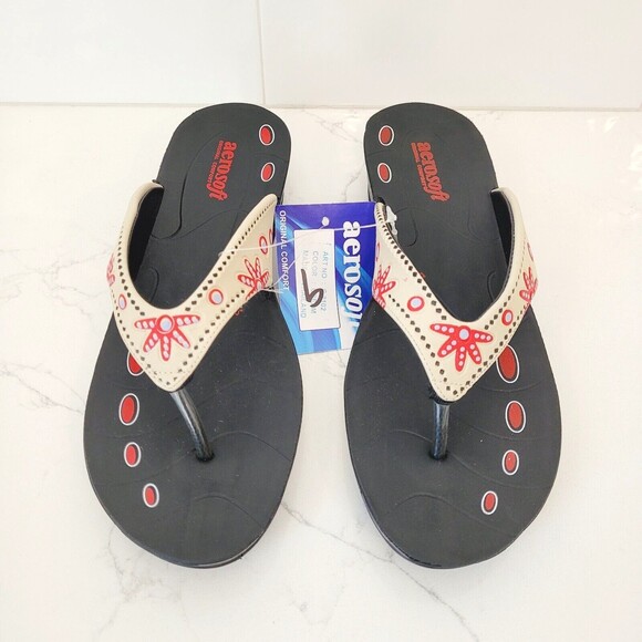 NEW Aerosoft Womens Sz 9 Sandals Flip Flop Thong Red Flowers EU 40 Arch Support - Picture 3 of 11